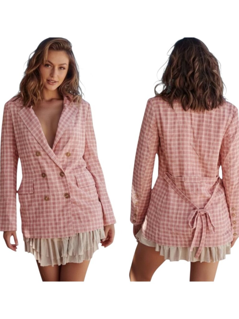 NWT Free People Olivia Pink Gingham Belted Blazer Jacket Size Medium - Picture 3 of 16